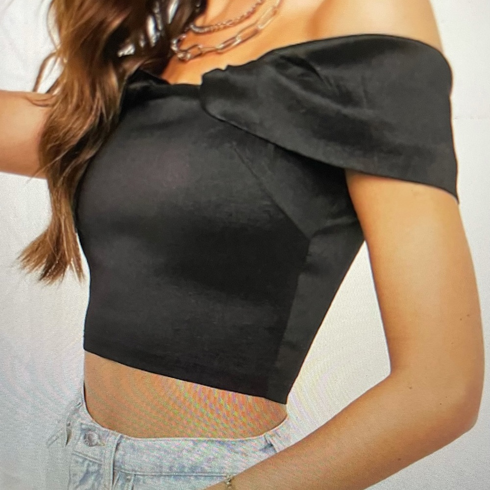 NaaNaa Satin Bardot Top in Black - Picture 2 of 4